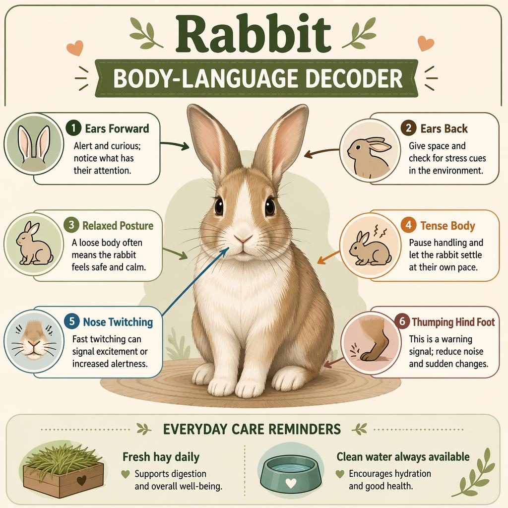Minimal flat infographic of a centered rabbit with 6 body-language callouts, arrows, icons, and 2 care reminders.