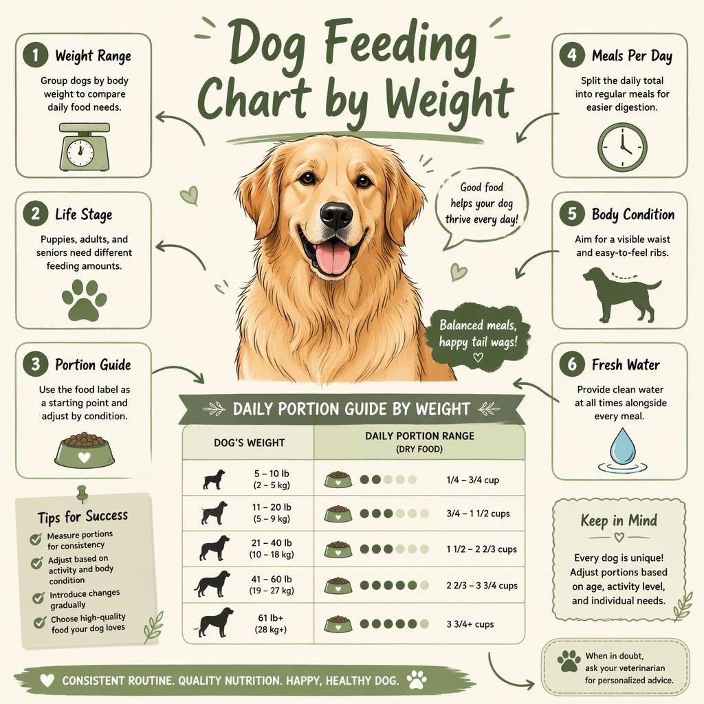 Sage and cream pet care infographic with a friendly horse portrait and dog feeding chart by weight panels and icons.