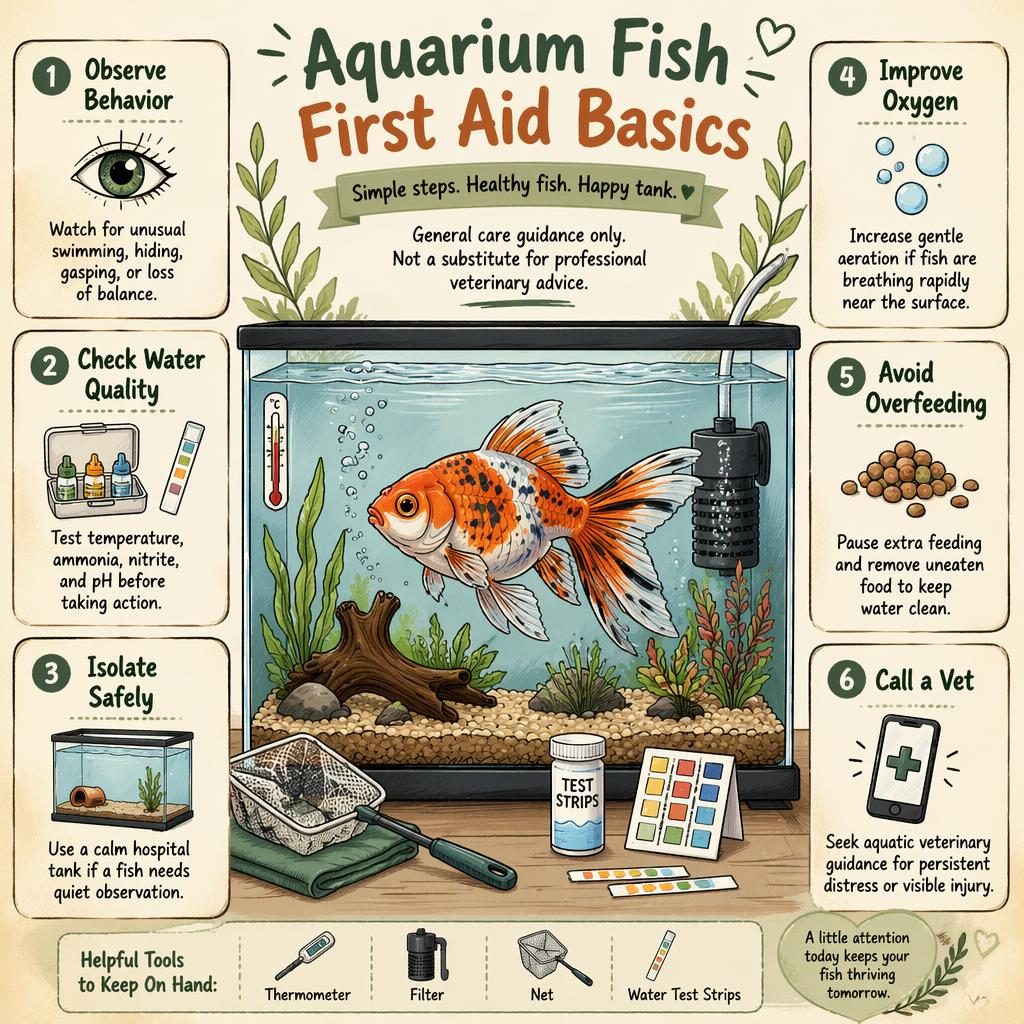 Sketchnote-style infographic of a healthy aquarium fish in a clean tank with 6 first aid callouts, icons, and tools.