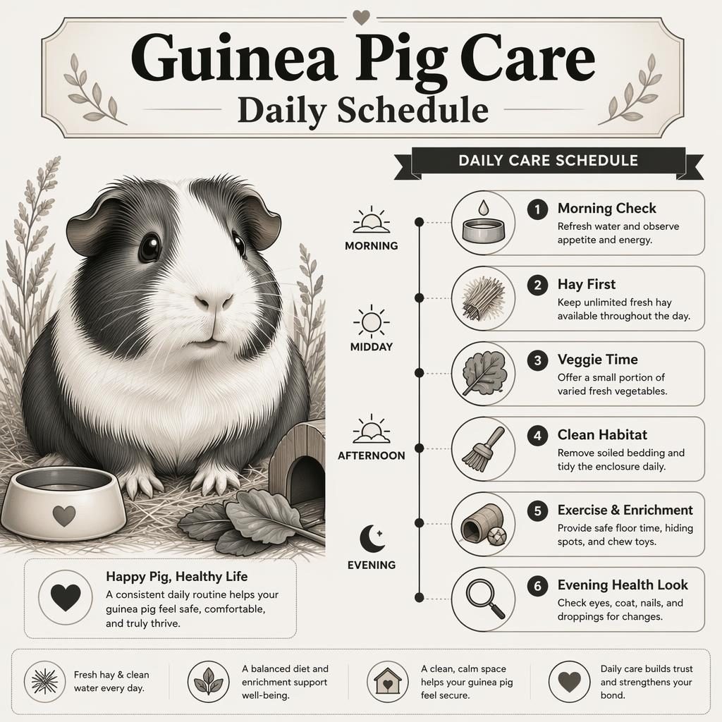 Monochrome pet care infographic with a cat portrait and 6 daily schedule callouts with icons in clean editorial layout.