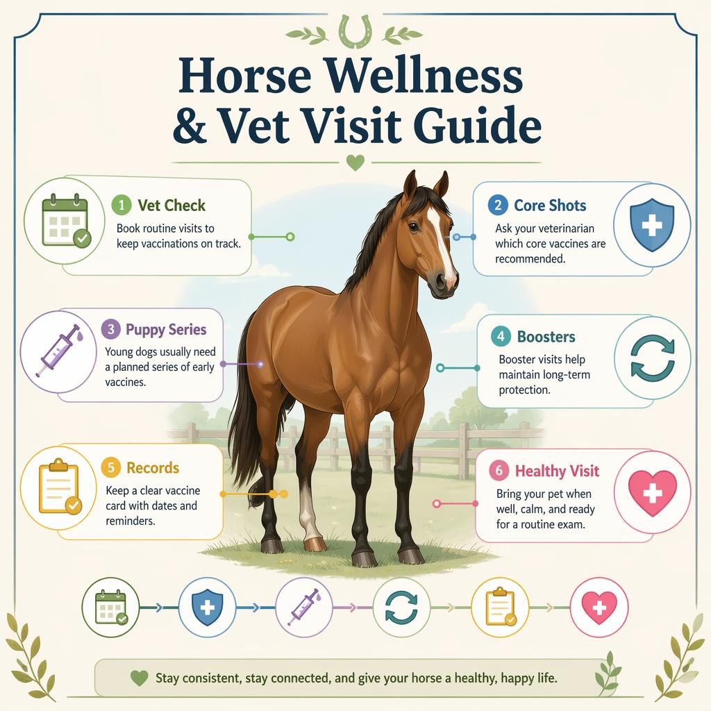 Flat pastel infographic with a horse portrait in 3/4 view and 6 wellness callouts with icons, timeline markers, and check accents.
