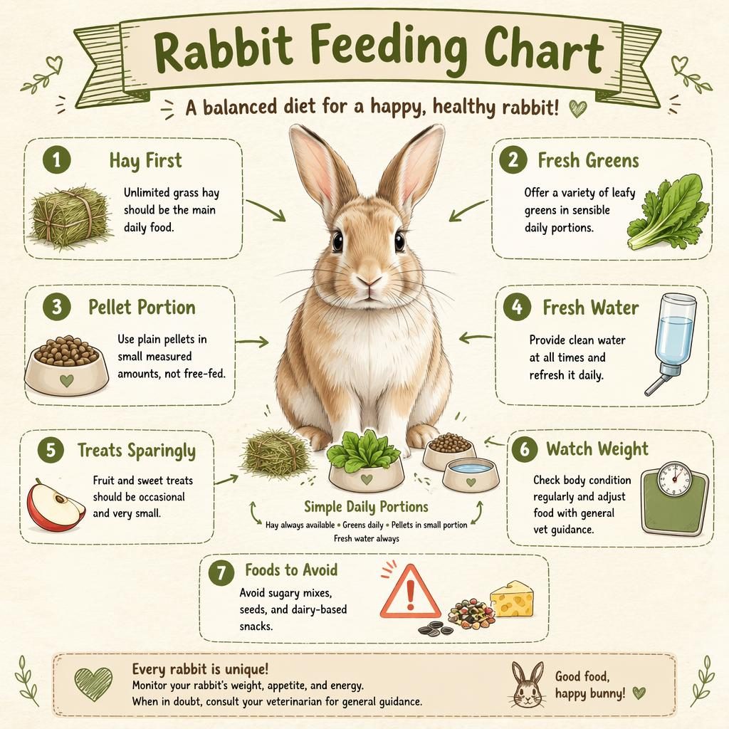Sketchnote-style rabbit feeding chart infographic with 7 labeled nutrition callouts, icons, muted earth tones, and centered rabbit