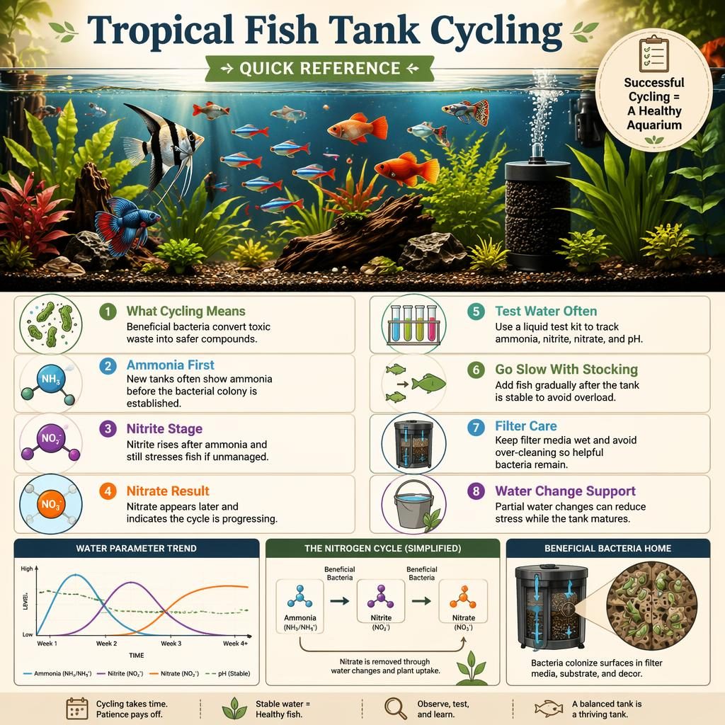 Illustrated tropical aquarium care infographic with fish, plants, filter, substrate, and labeled tank cycling callouts.
