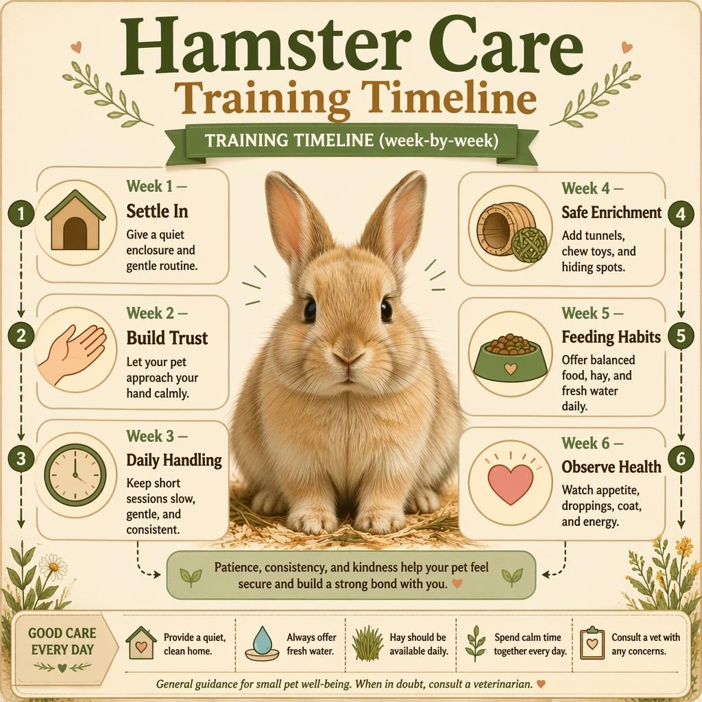 Vintage-style pet care infographic with a centered rabbit portrait and 6 week-by-week hamster care timeline callouts.