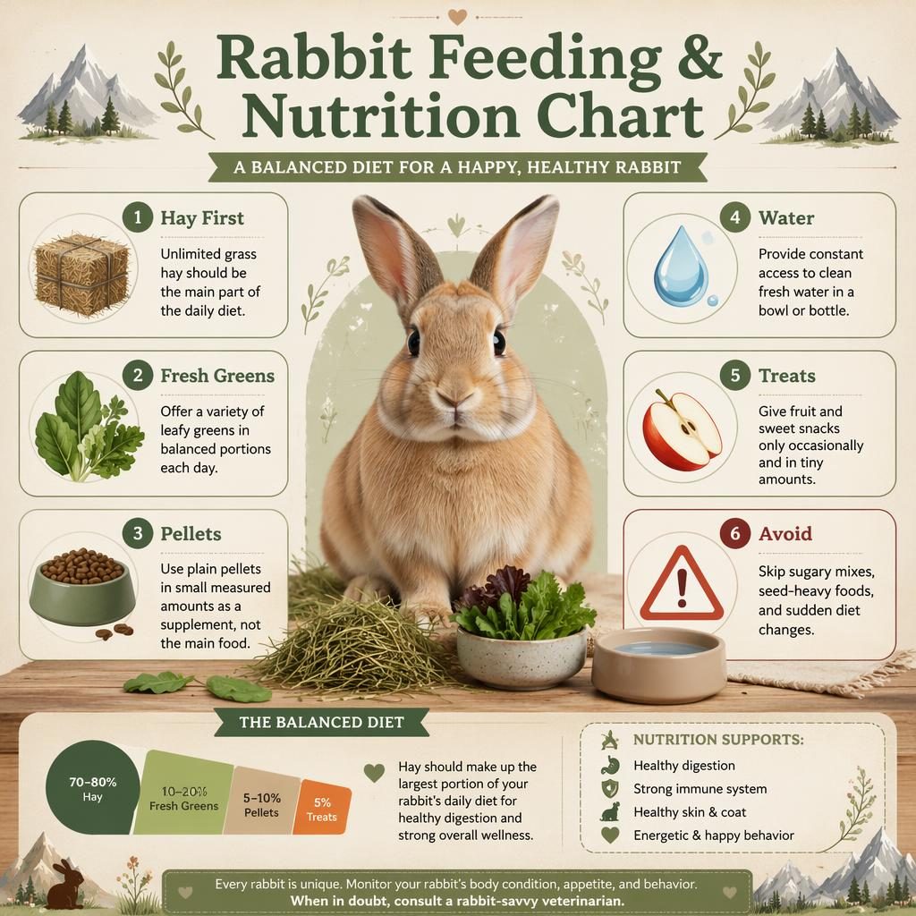 Infografika péče o králíka s portrétem zdravého králíka uprostřed a 6 popisky s ikonami sena, zeleniny, granulí, vody, pamlsků a varování.