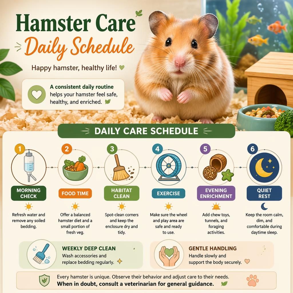 Pet care infographic with a cute hamster portrait, 6 daily schedule callouts, simple icons, and soft aquarium-themed background.