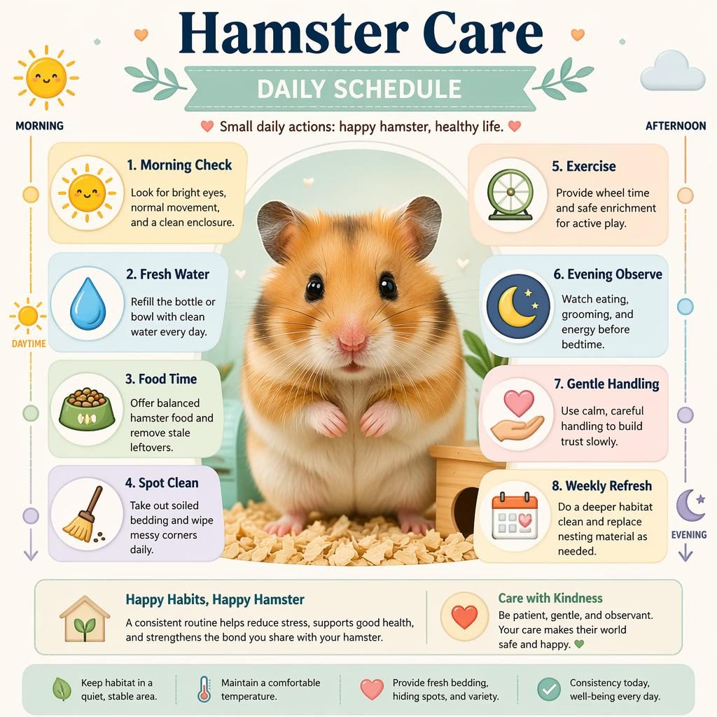 Infografika s křečkem uprostřed a 8 anglickými popisky denní péče, ikonami a jemným pastelovým rozvrhem.