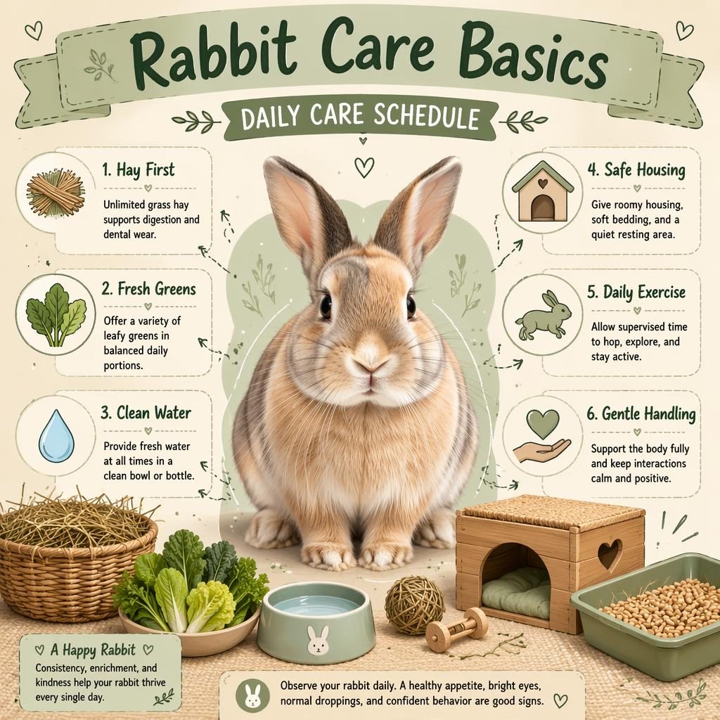 Sketchnote rabbit care infographic with centered pet rabbit and 6 labeled daily care callouts in sage and cream.