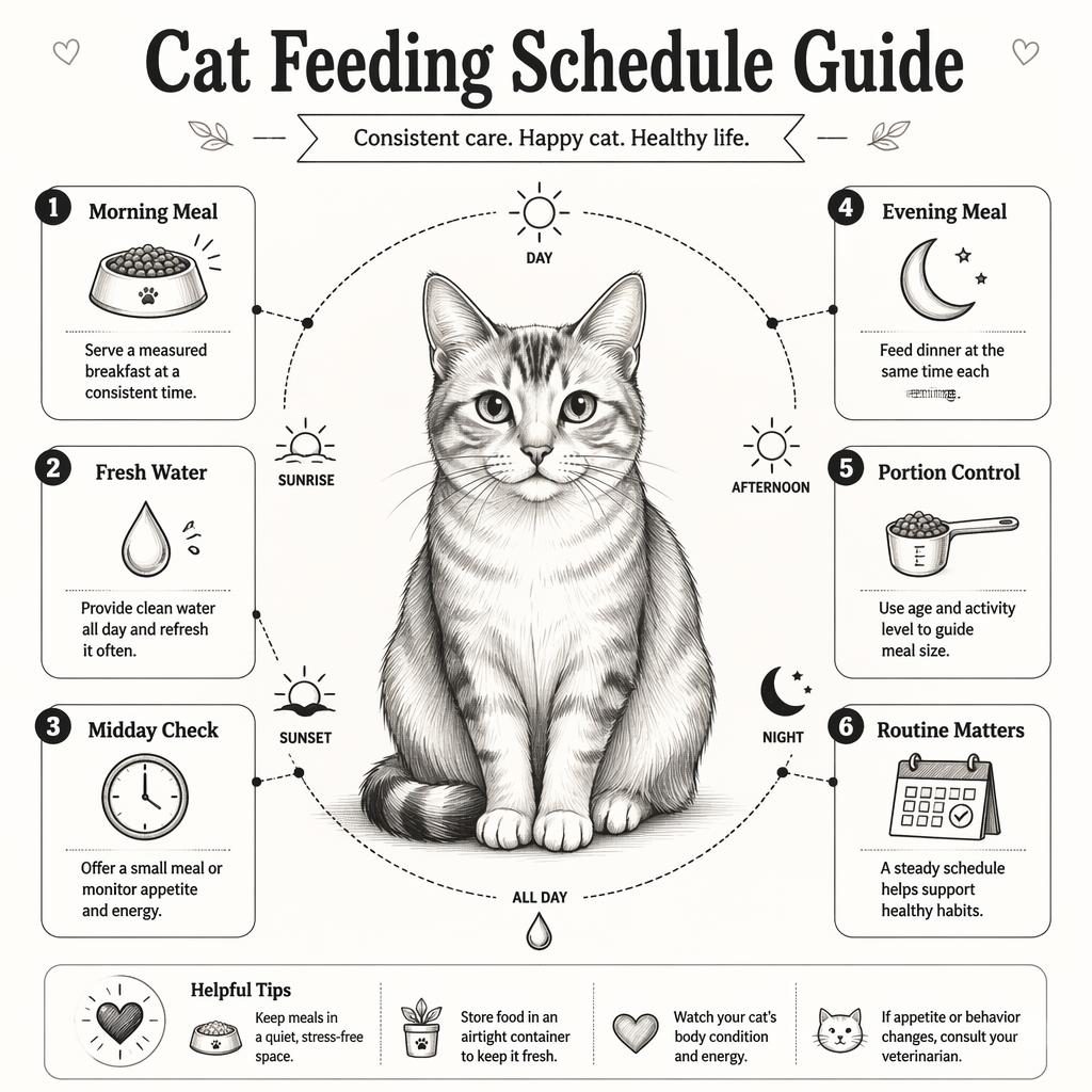 Monochrome pet care infographic with a domestic cat portrait and 6 labeled feeding schedule callouts with icons.