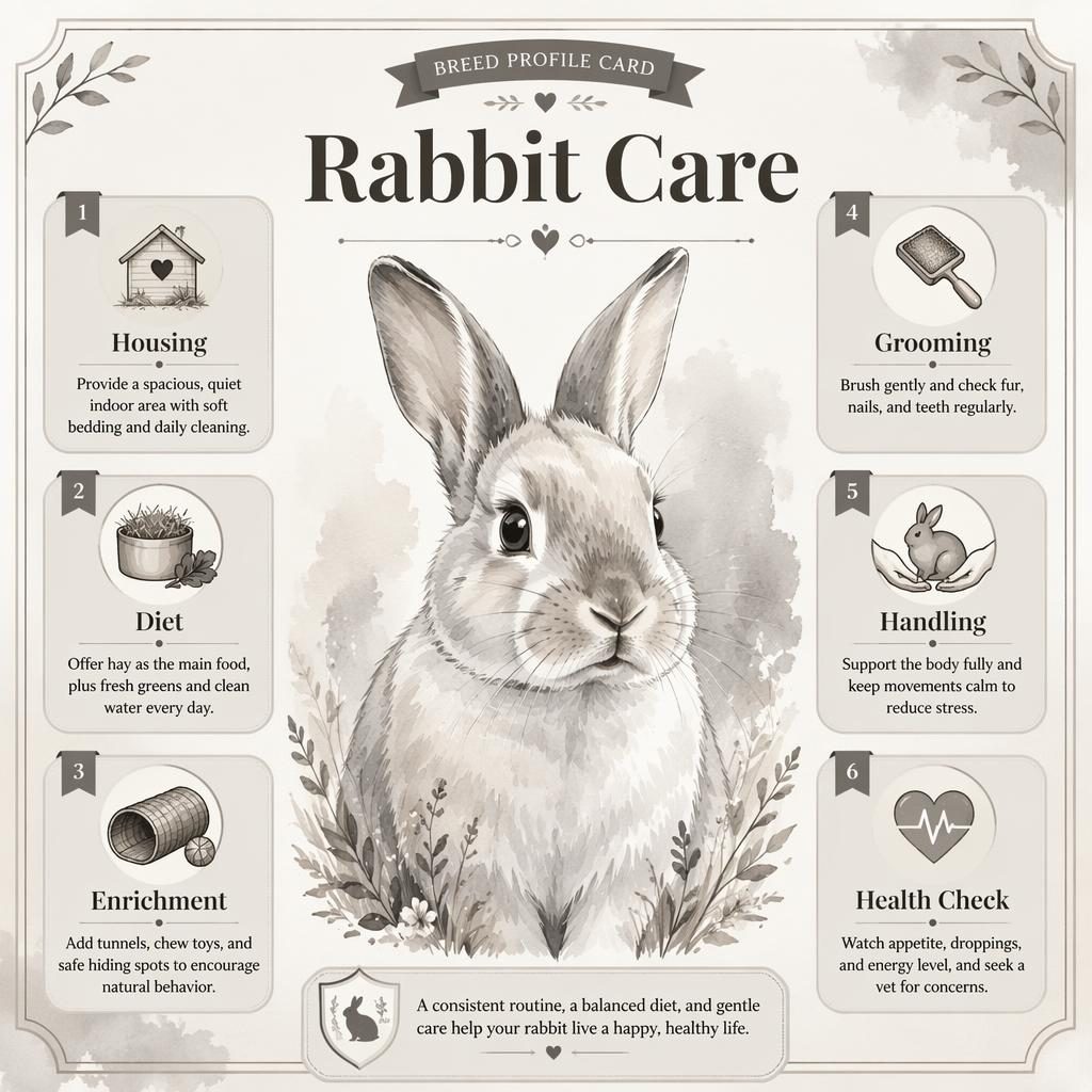 Pet care infographic titled Rabbit Care with a monochrome watercolor cat portrait and 6 labeled care callouts in a clean card layout.