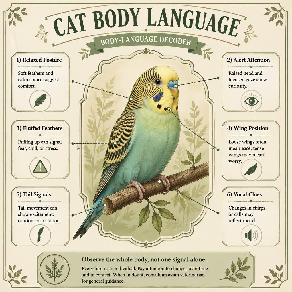 Vintage-style pet care infographic titled Cat Body Language with a framed bird portrait and 6 labeled behavior callouts.