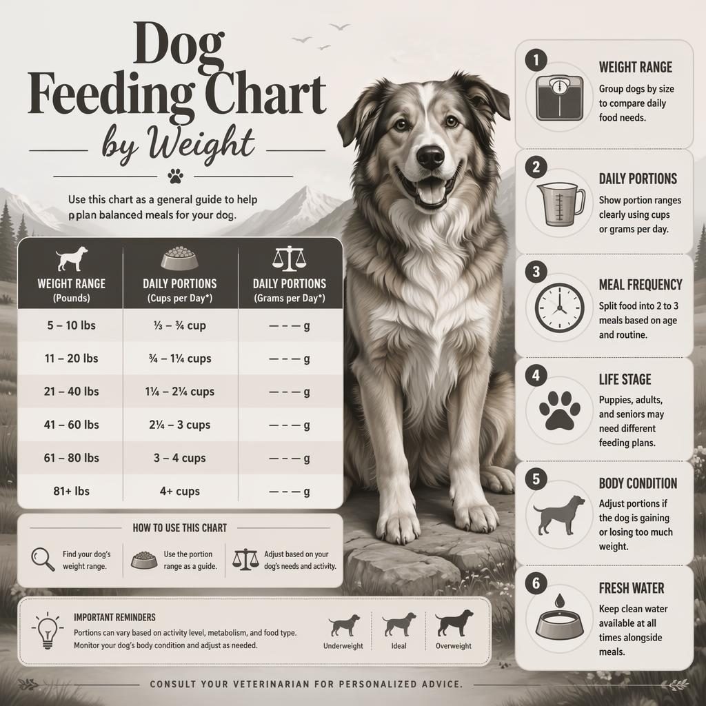 Monochrome pet care infographic with a friendly dog portrait, weight-based feeding chart, and 6 nutrition callouts.