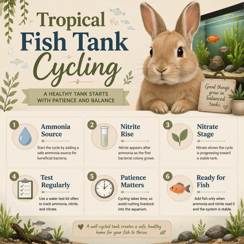 Cozy pet magazine infographic with a rabbit portrait and 6 callouts about tropical fish tank cycling in muted earth tones.