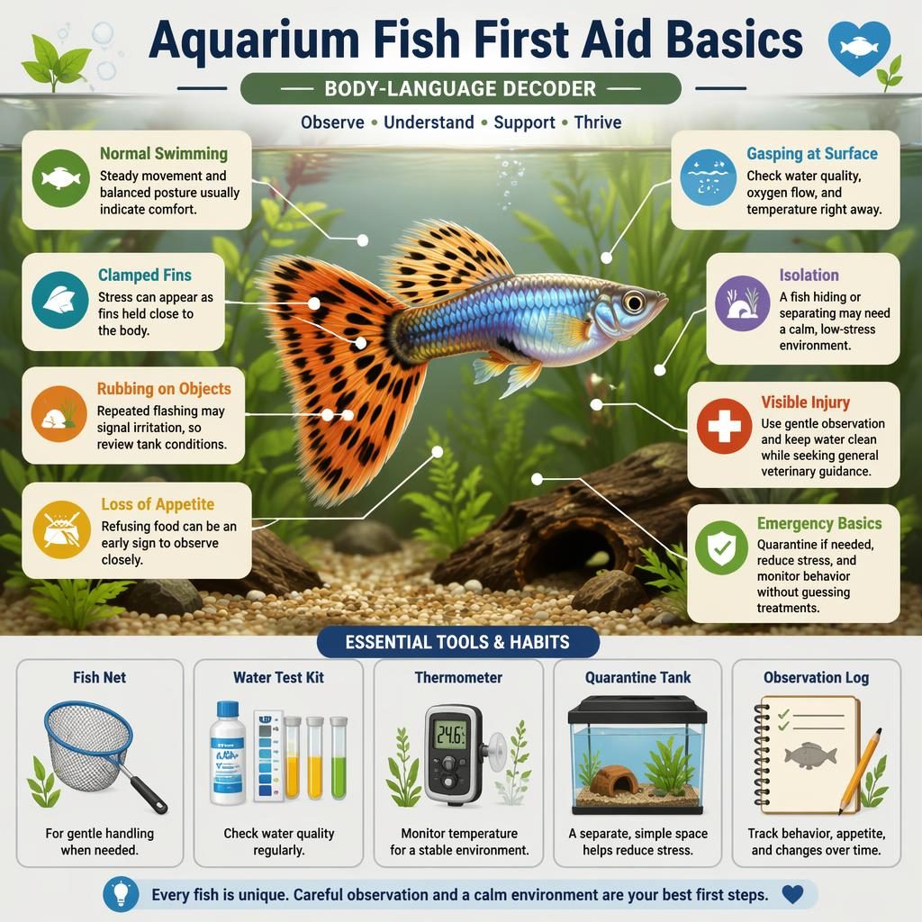 Pet care infographic showing a healthy aquarium fish in a planted tank with 8 first aid callouts and support icons.