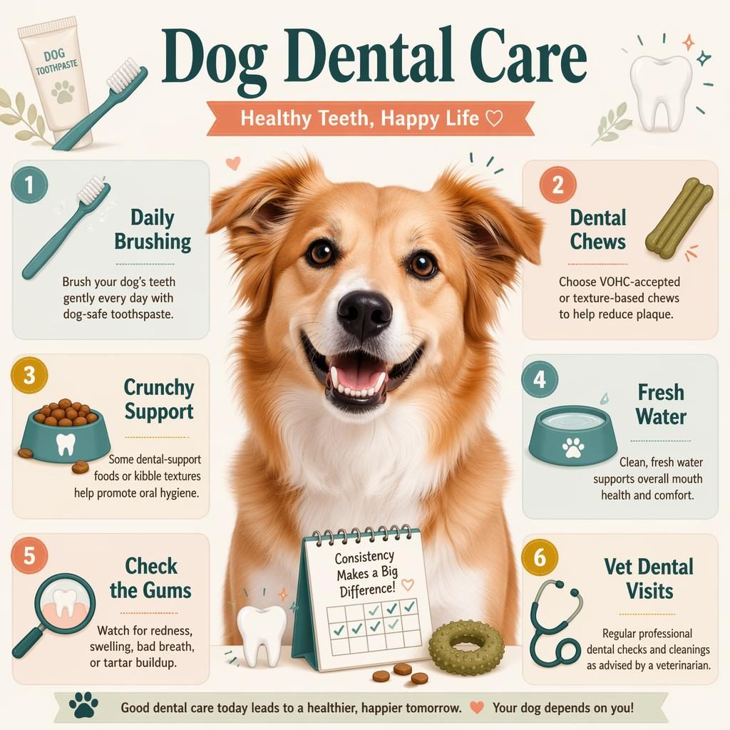 Pastel pet care infographic with a smiling dog portrait and 6 dental care callouts, icons, and English tips.