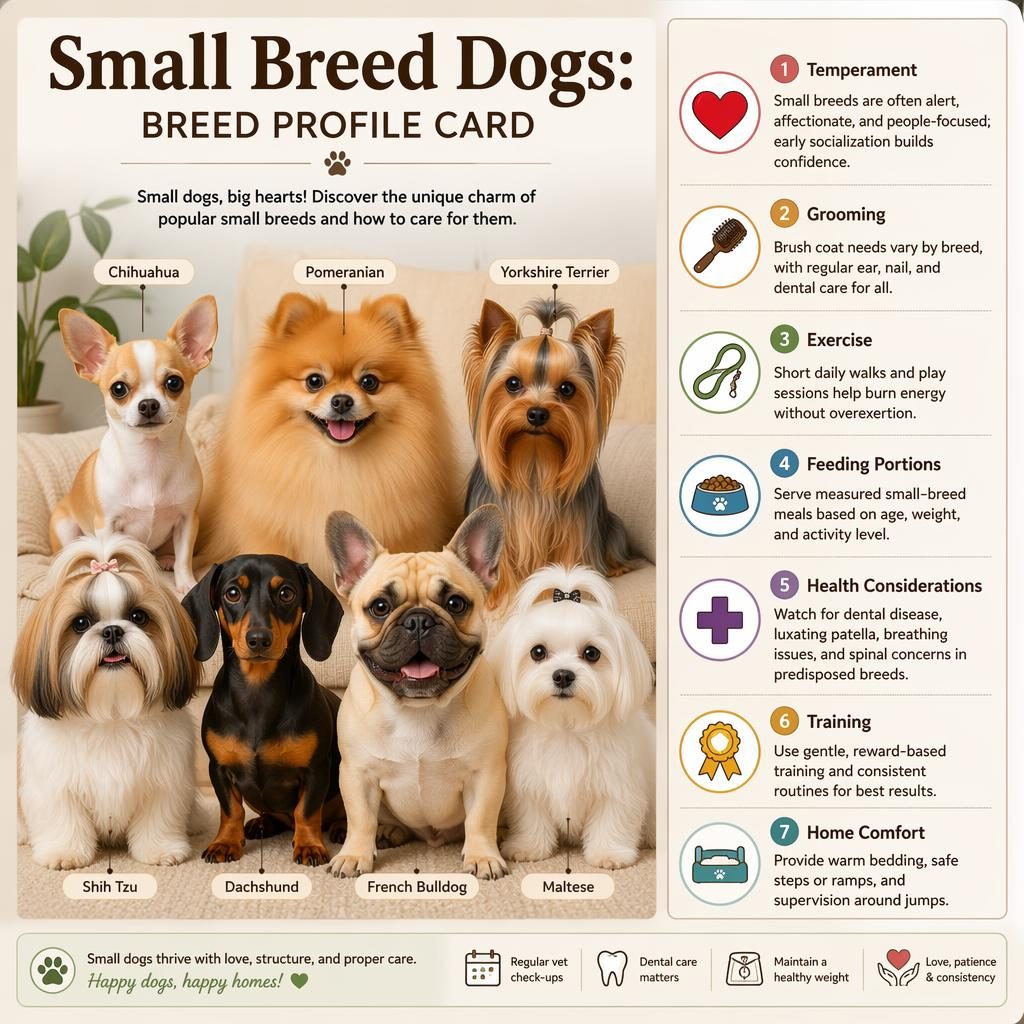 Infográfico editorial com 7 caes de raça pequena e 7 dicas de cuidados em painéis com ícones e rótulos em inglês.