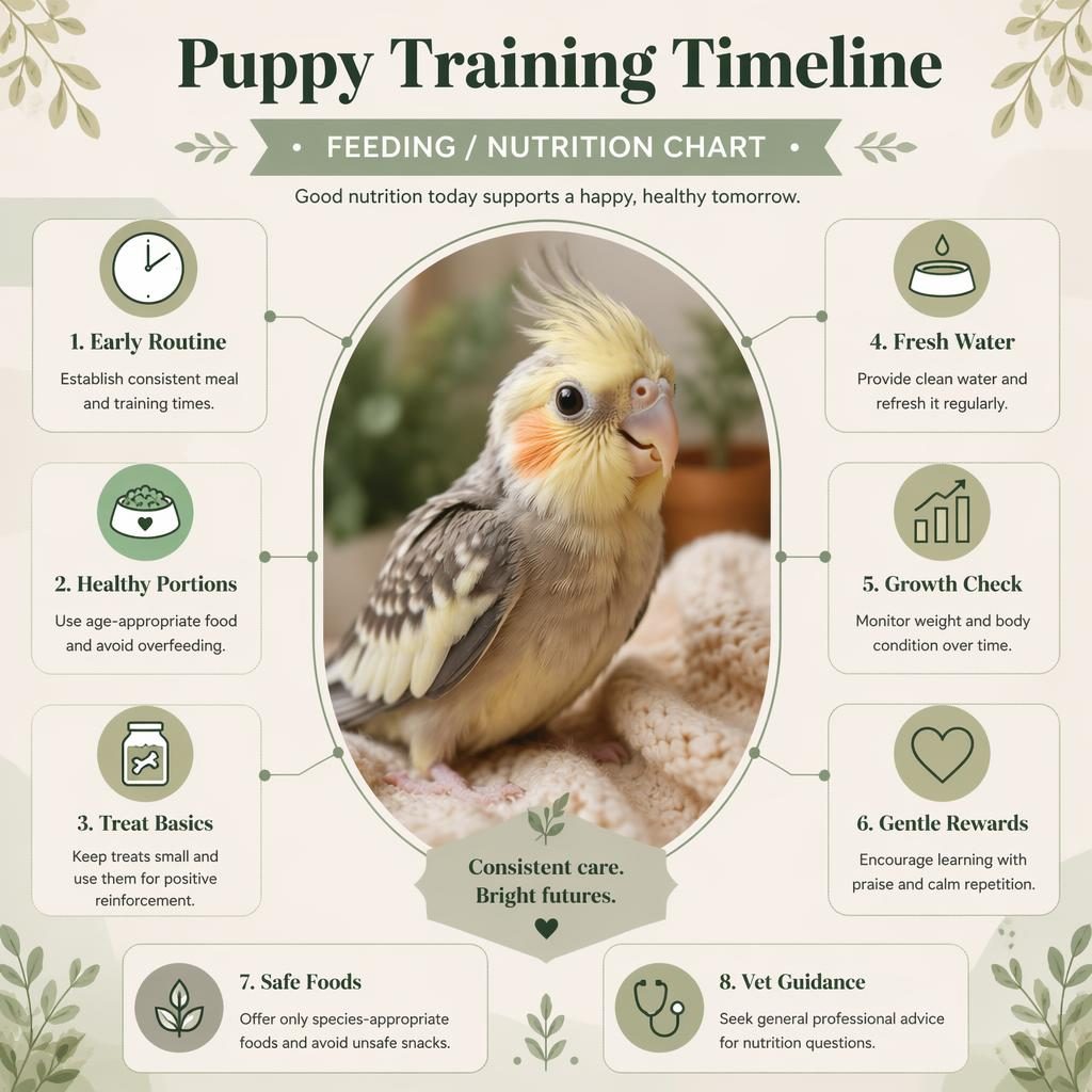 Editorial pet care infographic with a young bird portrait, sage and cream panels, and six nutrition and training callouts.