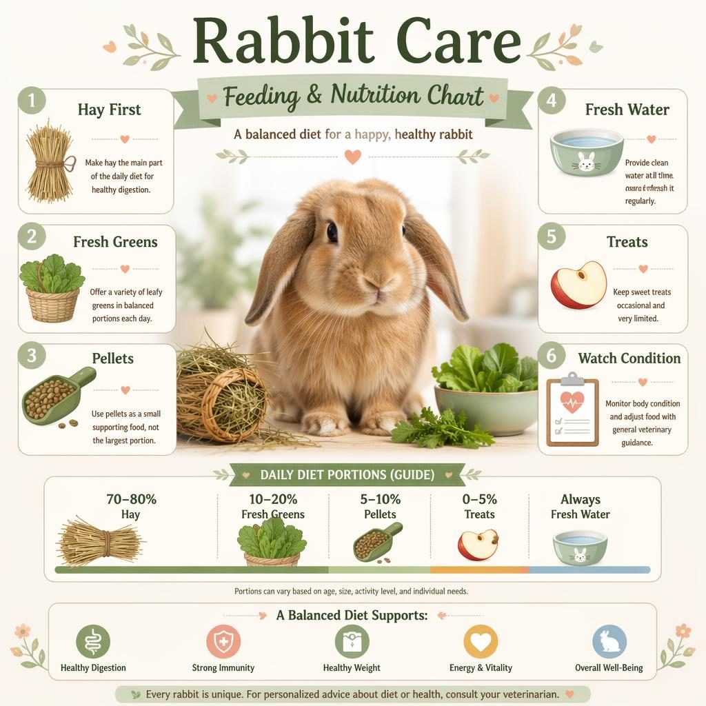 Pastel pet care infographic titled Rabbit Care Feeding & Nutrition Chart with a central horse portrait and 6 nutrition callouts.