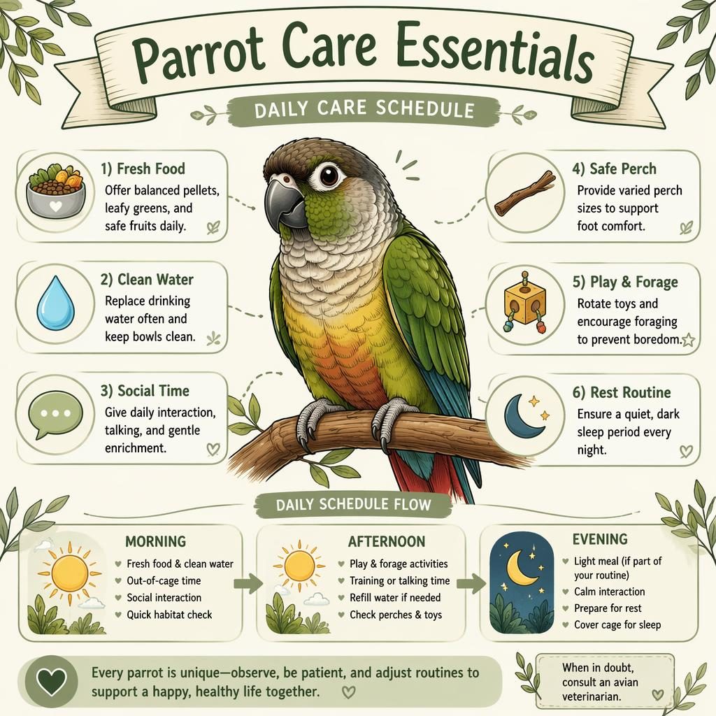 Sketchnote-style parrot care infographic with a centered pet parrot, 6 labeled care callouts, and morning afternoon evening schedule.
