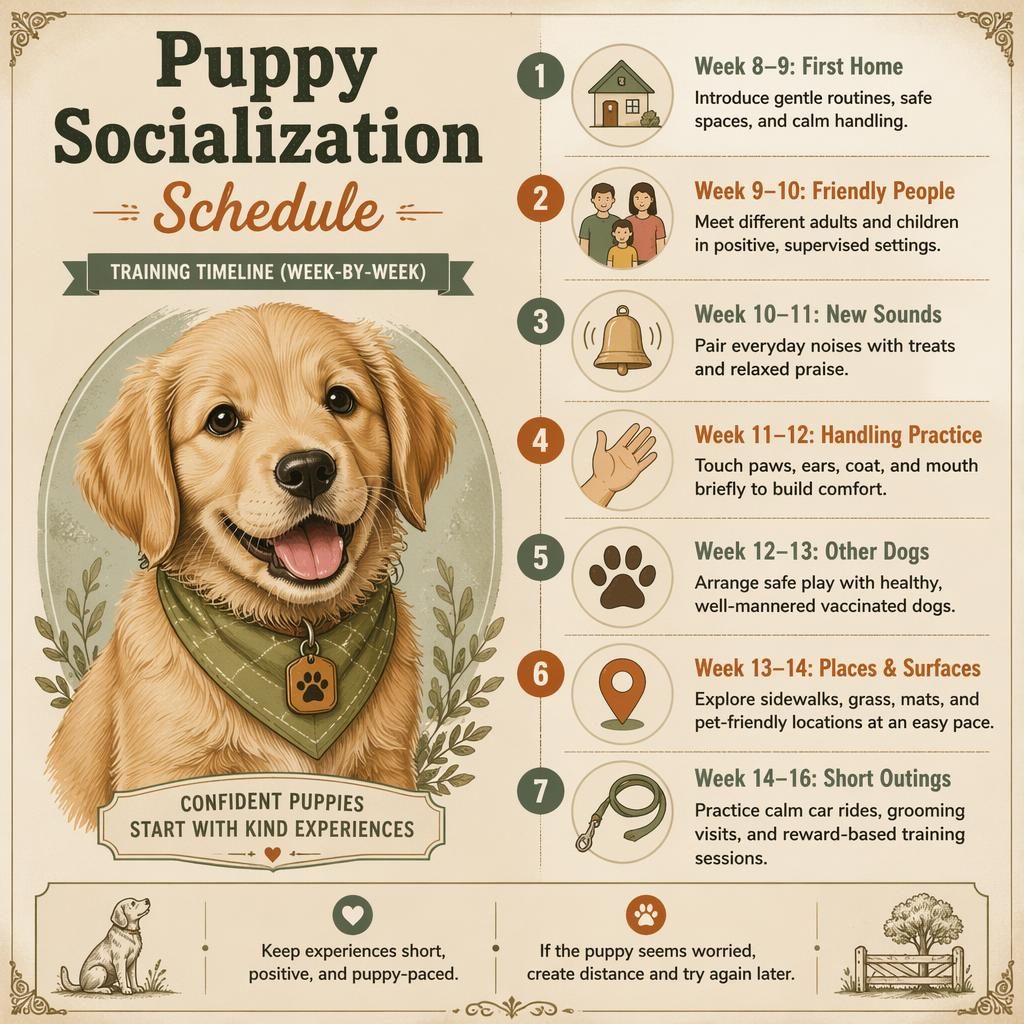 Pet care infographic with a friendly puppy portrait and a 7-step weekly socialization timeline in a vintage manual style.