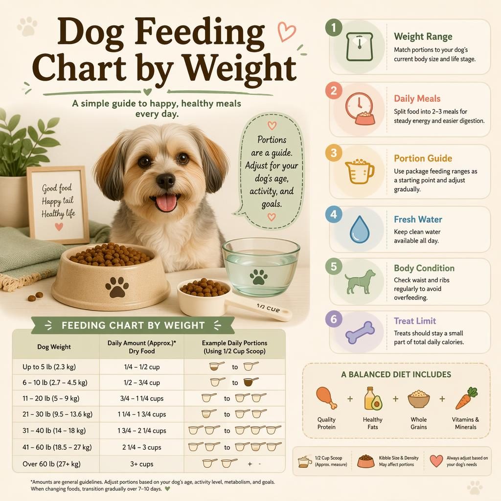 Pastel pet care infographic with a small dog portrait, feeding chart by weight, bowls, scoop, water bowl, and 6 nutrition tips.