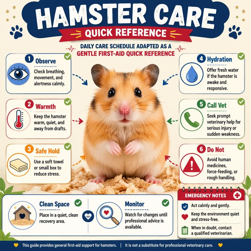 Pet care infographic with a centered healthy hamster and 6 first-aid callouts, icons, quick tips, and emergency notes.