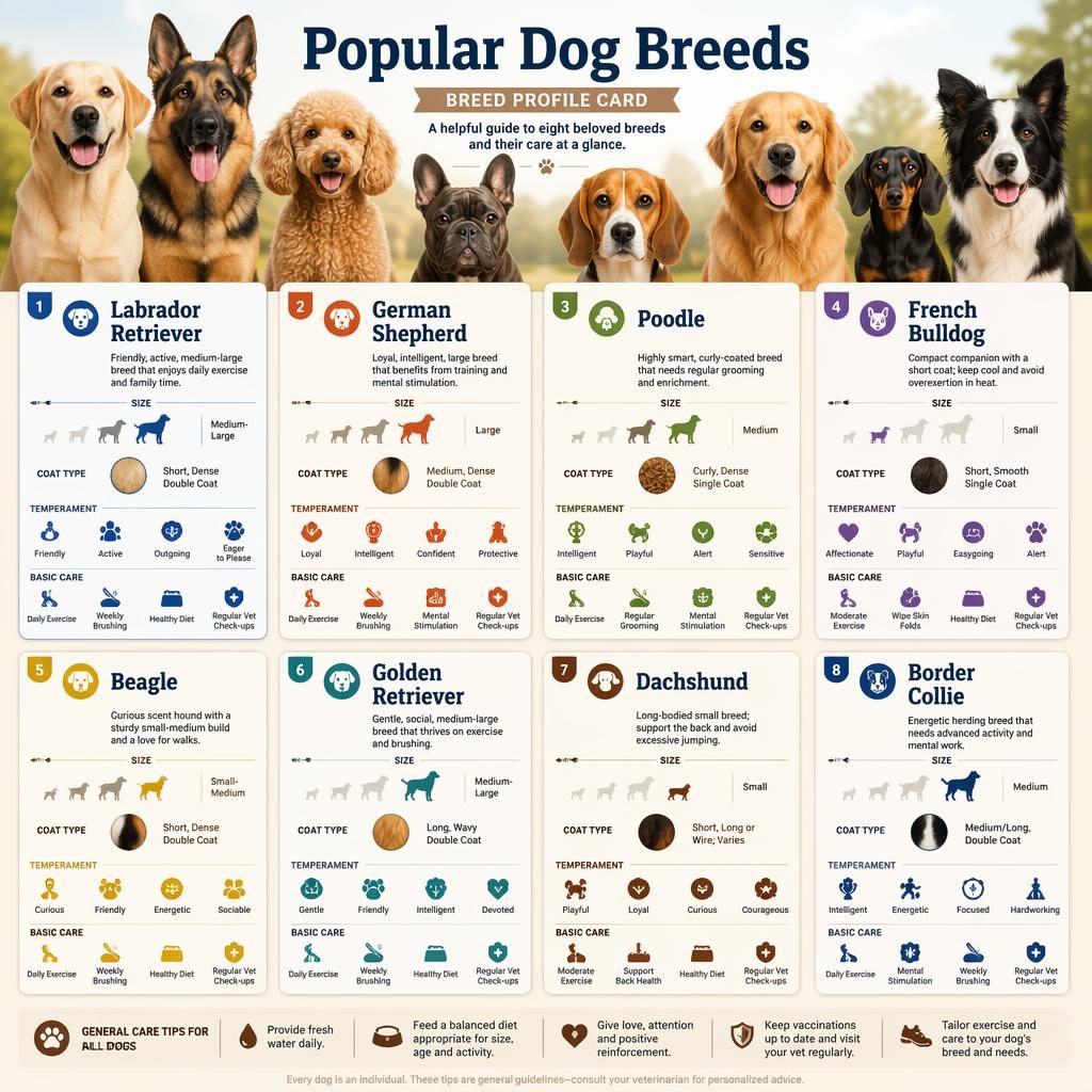 Infográfico editorial com 8 retratos realistas de raças de cães, painéis de perfil, ícones e dicas em inglês.