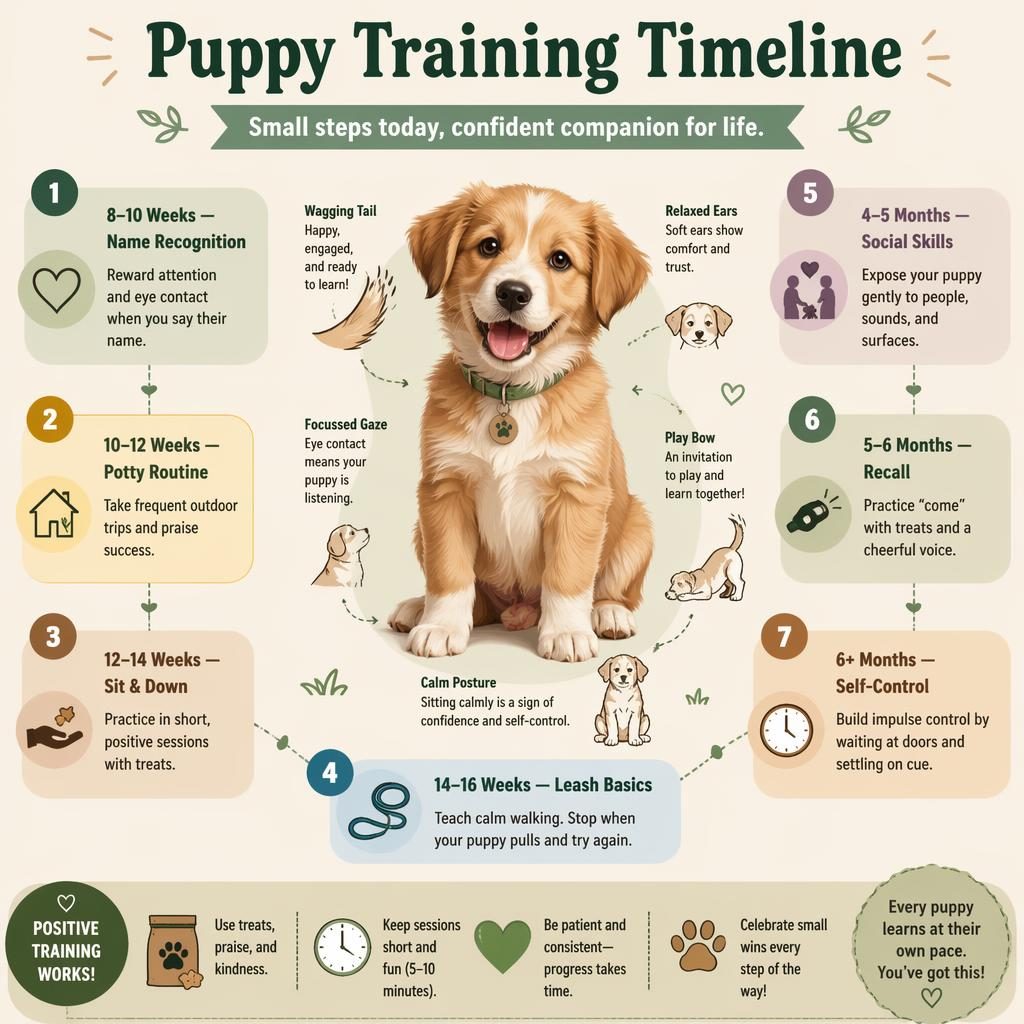Minimal flat pet infographic with a friendly puppy portrait, 7 training milestone callouts, and small icons in a muted earth palette.