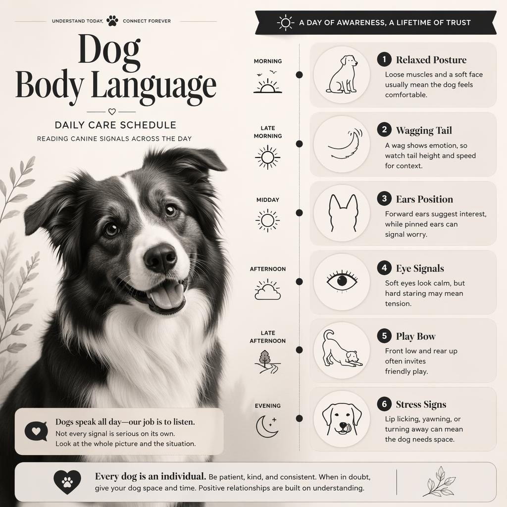 Editorial dog body language infographic with hero dog portrait, 6 labeled callouts, small icons, and a monochrome schedule-style layout.