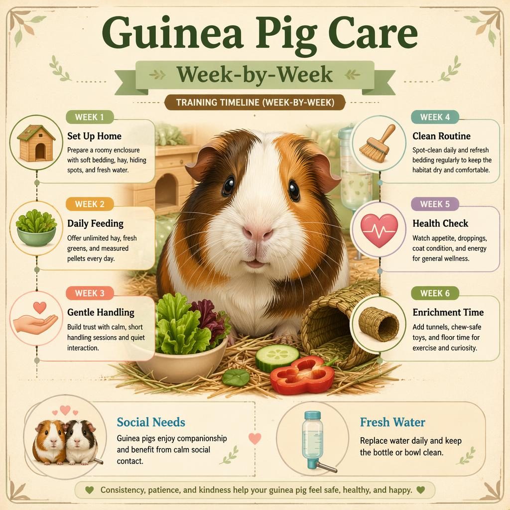 Pastel guinea pig care infographic with centered portrait and 6-week timeline, icons, and fresh pet feeding guide tips.