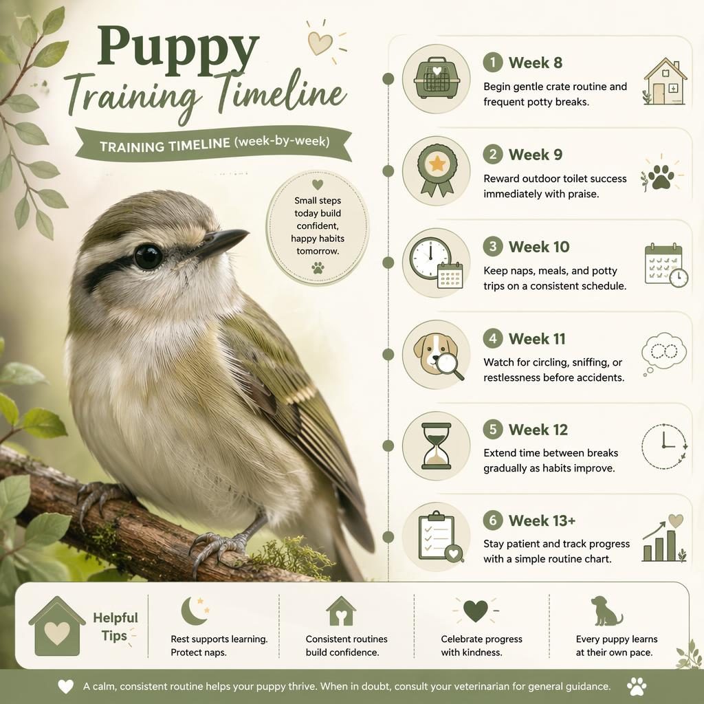 Pet care infographic with bird hero portrait and 6 weekly puppy training callouts in sage and cream editorial layout.