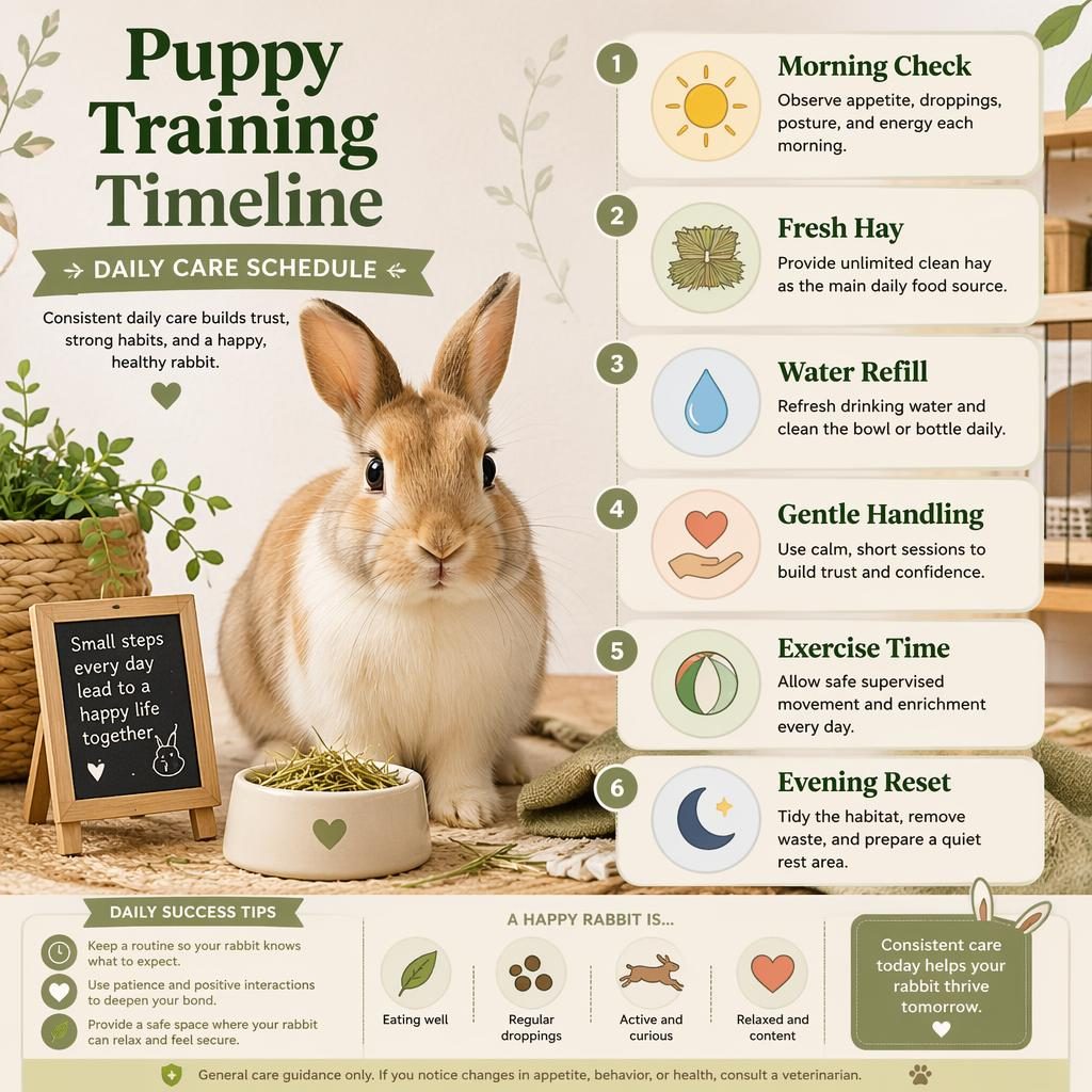 Editorial pet care infographic with a rabbit portrait and 6 daily routine callouts with icons in a warm, clean layout.