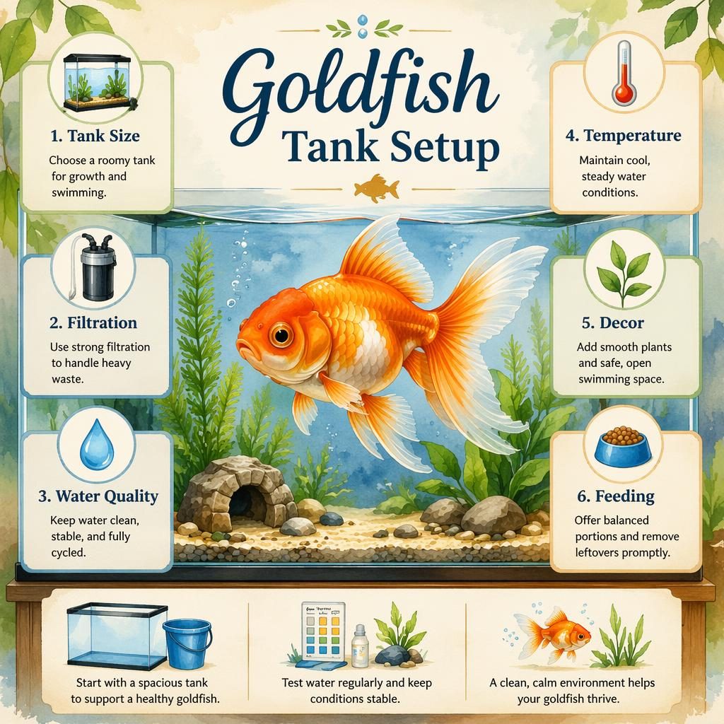Watercolor goldfish tank setup infographic with 6 labeled callouts around a healthy goldfish in a clean aquarium.