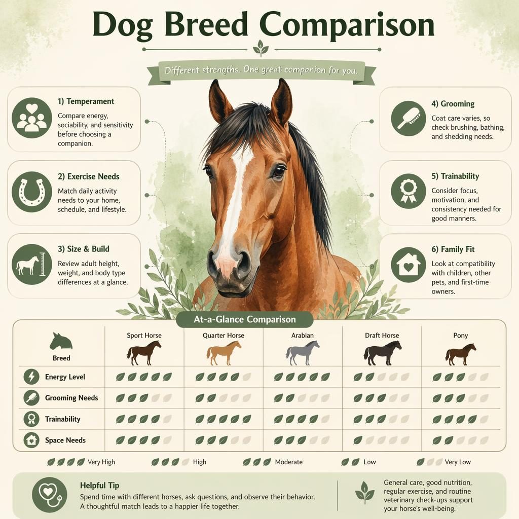 Watercolor pet care infographic with a centered horse portrait, 6 dog breed comparison callouts, and a compact metric card.