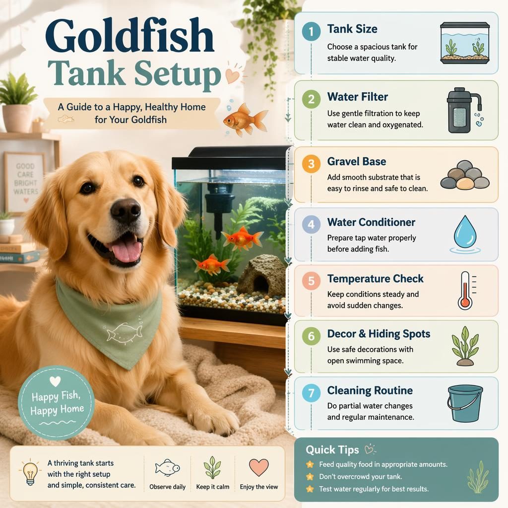 Pet care infographic with a friendly dog portrait and labeled chart callouts for goldfish tank setup in a pastel editorial layout.