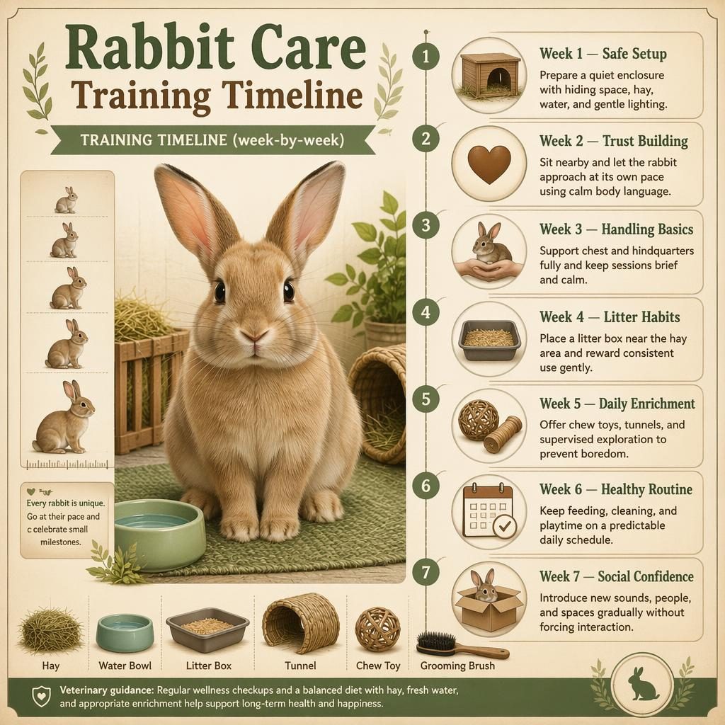 Vintage-style rabbit care infographic with a centered rabbit portrait and a 7-week training timeline with icons and pet care items.