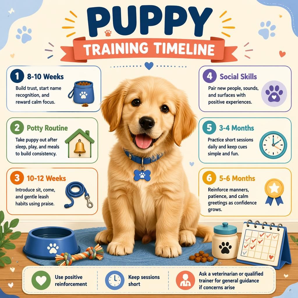 Infografía de cachorro con retrato central y 6 etapas de entrenamiento, iconos, notas de cuidado y estilo editorial acogedor.