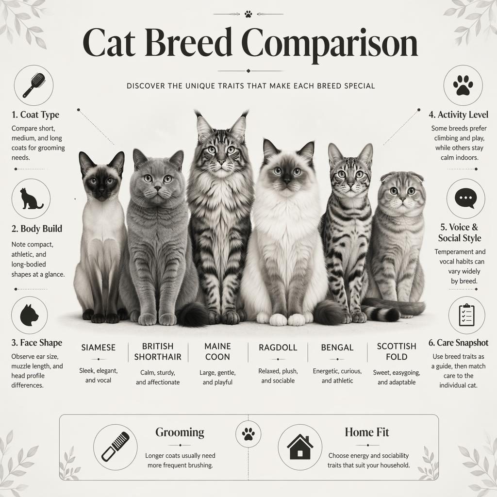 Monochrome pet care infographic with a lineup of cat breeds, 6 labeled comparison callouts, and 2 footer mini panels.