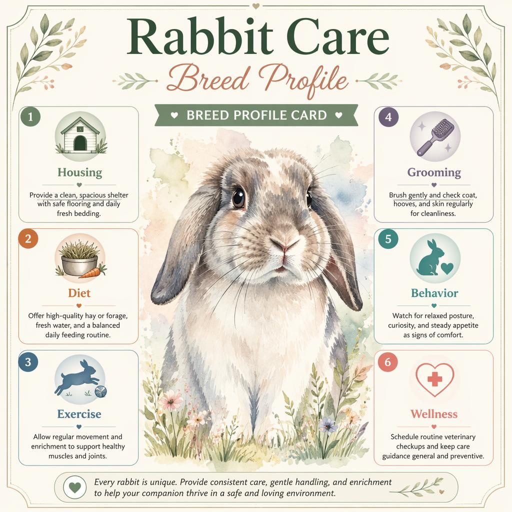 Pet care infographic card with a watercolor horse portrait, pastel panels, and 6 English care callouts with icons.