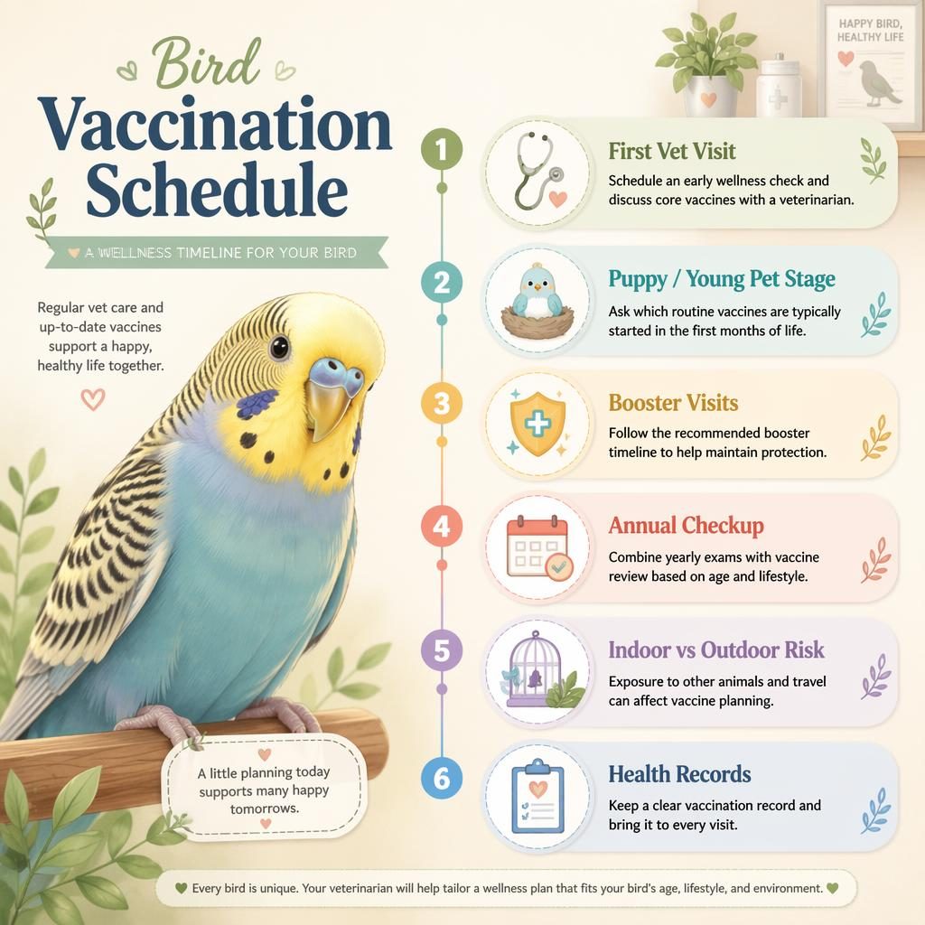 Pastel pet care infographic with a friendly bird portrait and six wellness timeline callouts in tidy editorial layout.