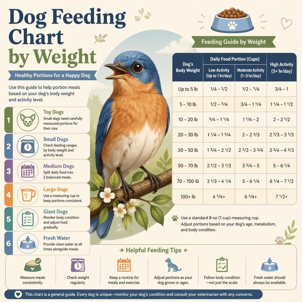 Pastel pet care infographic with a friendly bird portrait, dog feeding chart by weight, 6 labeled callouts, and icons.