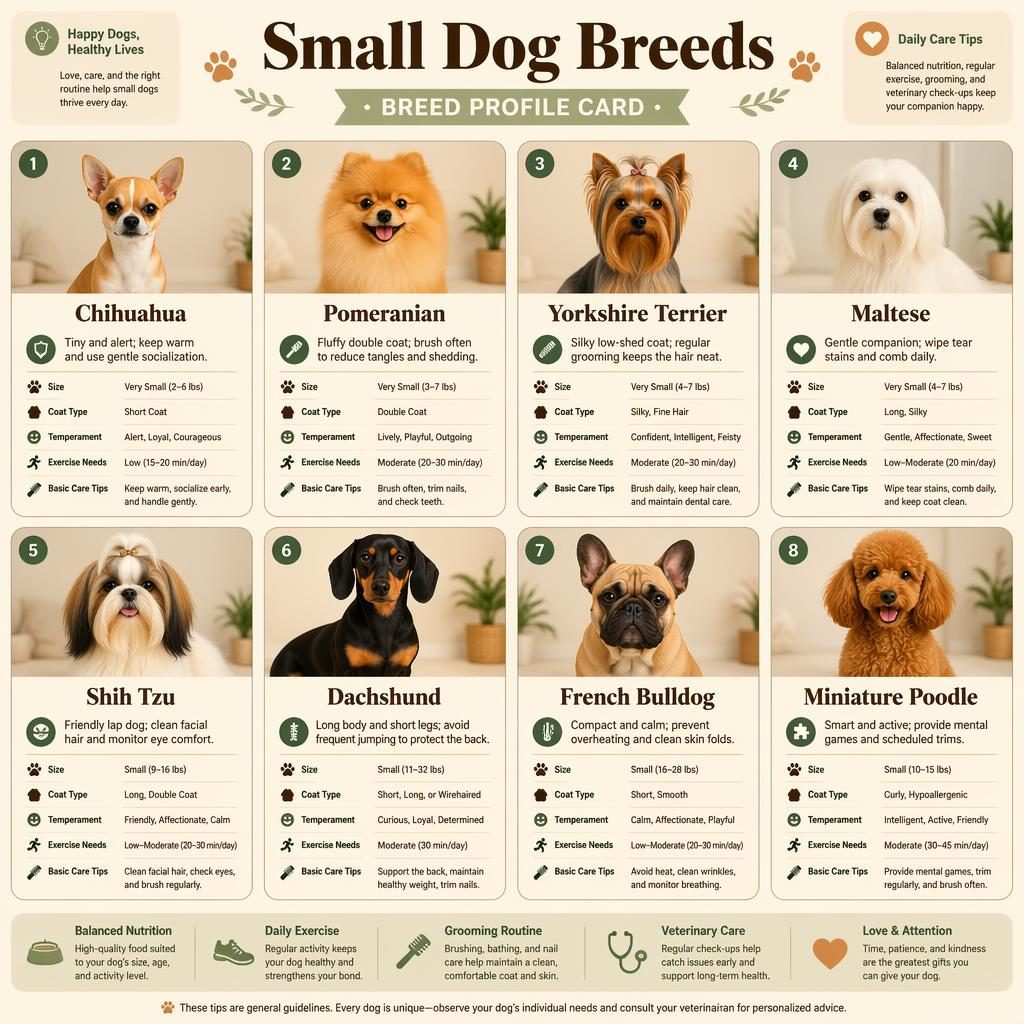 Infografía editorial con 8 razas de perros pequeños en paneles comparativos, con iconos, etiquetas y consejos en inglés.