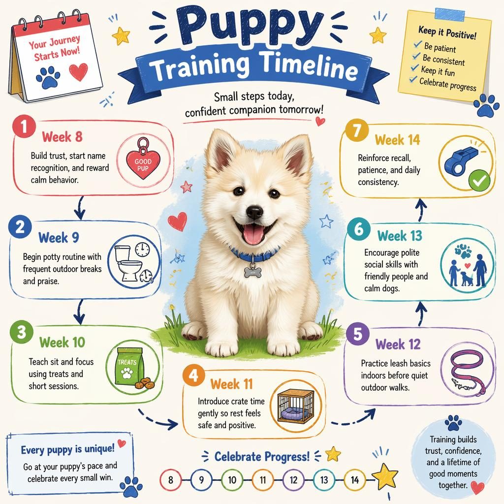 Playful pet infographic with a centered cute puppy and 7 week-by-week training callouts, icons, arrows, stars, and paw prints.