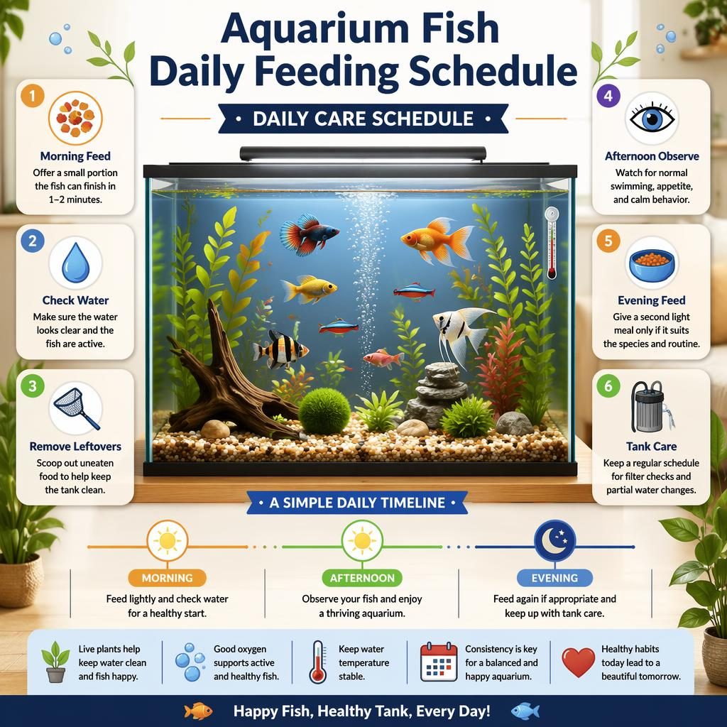 Pet care infographic of a home aquarium with colorful fish, 6 feeding and care callouts, icons, and a daily timeline.
