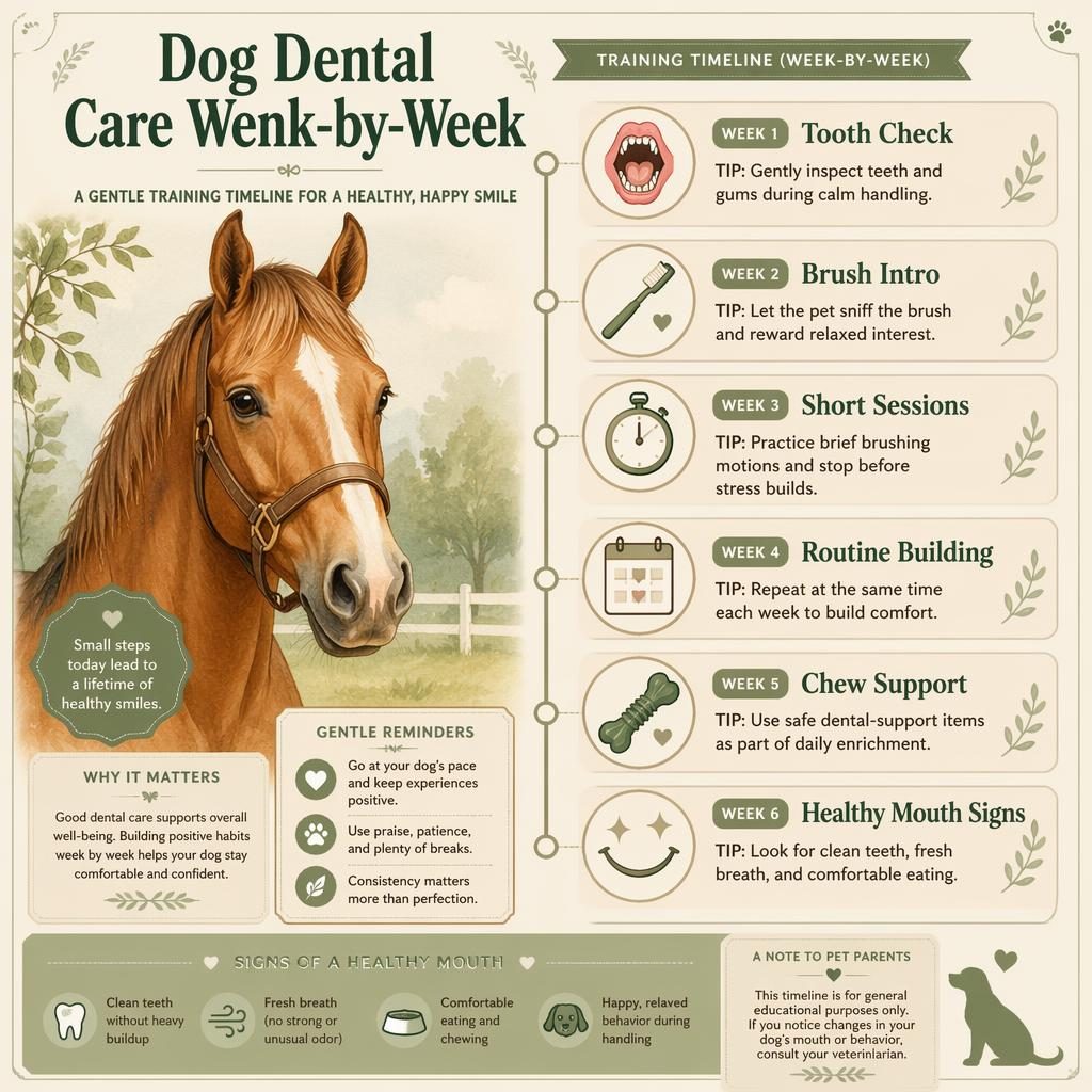 Editorial pet care infographic with a friendly horse portrait and 6-week dog dental care timeline in sage and cream.