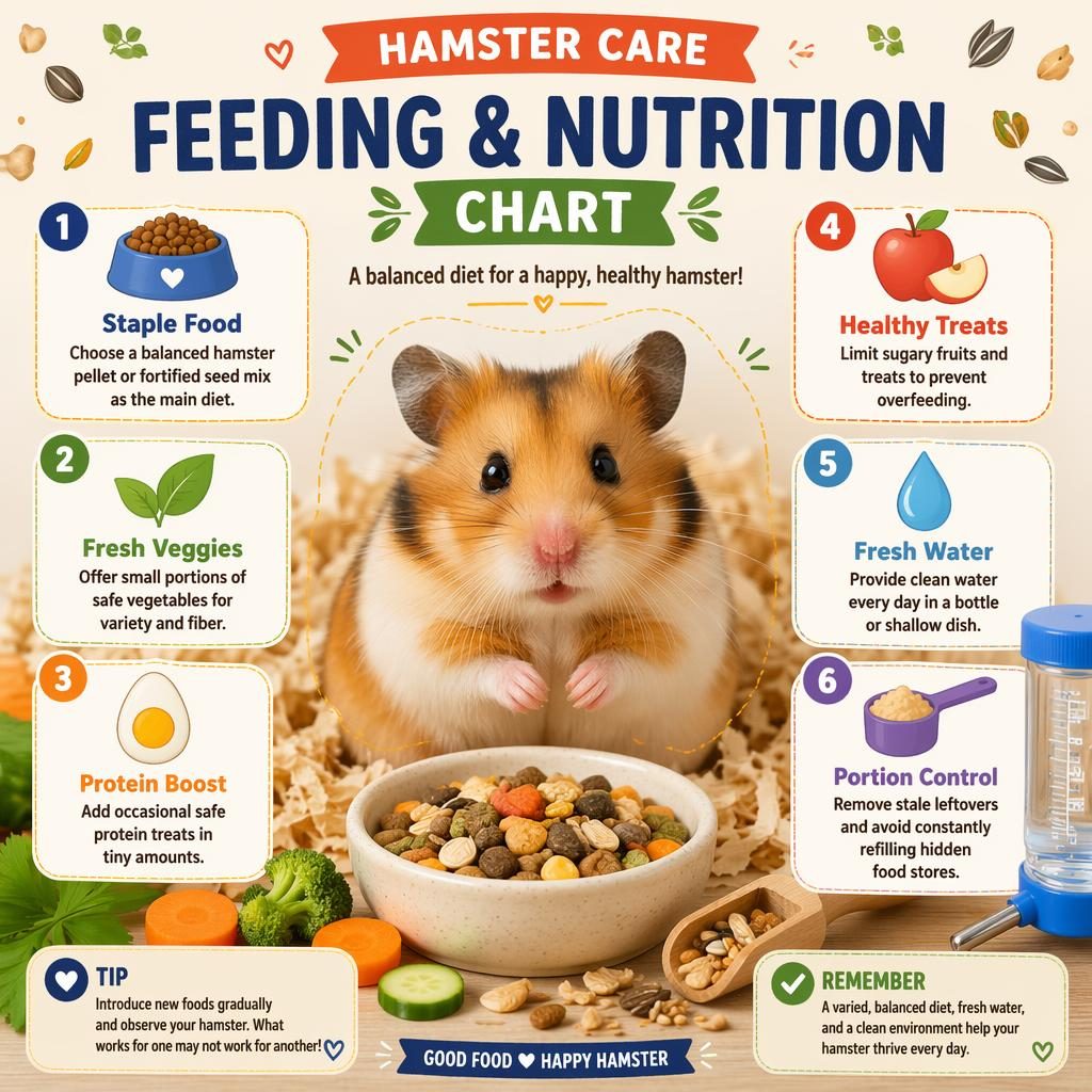 Cozy pet care infographic with a cute hamster portrait and 6 feeding callouts, icons, seeds, veggies, water bottle, and dish.