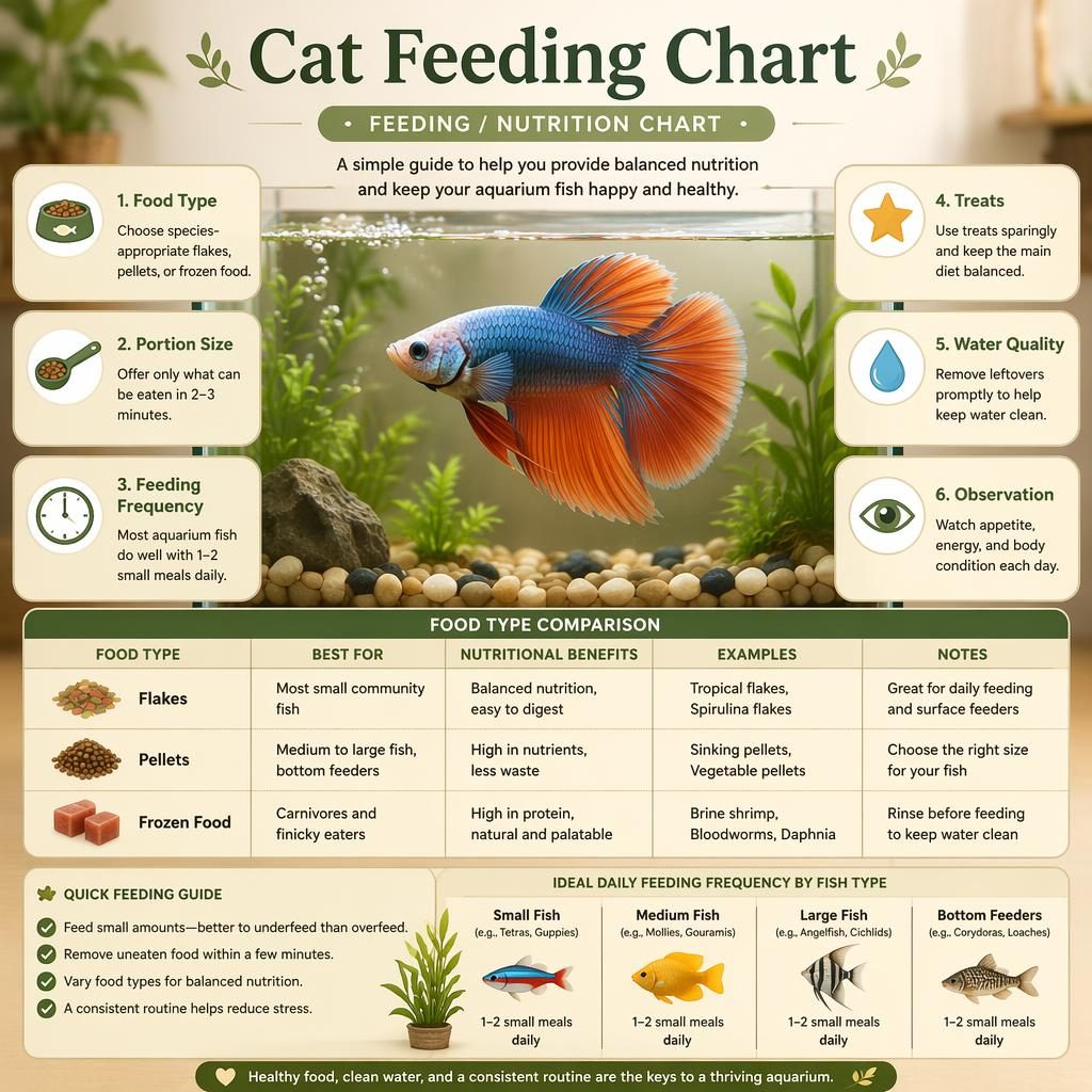 Pet care infographic with a friendly aquarium fish in a glass tank and 6 feeding chart callouts in a cozy editorial layout.