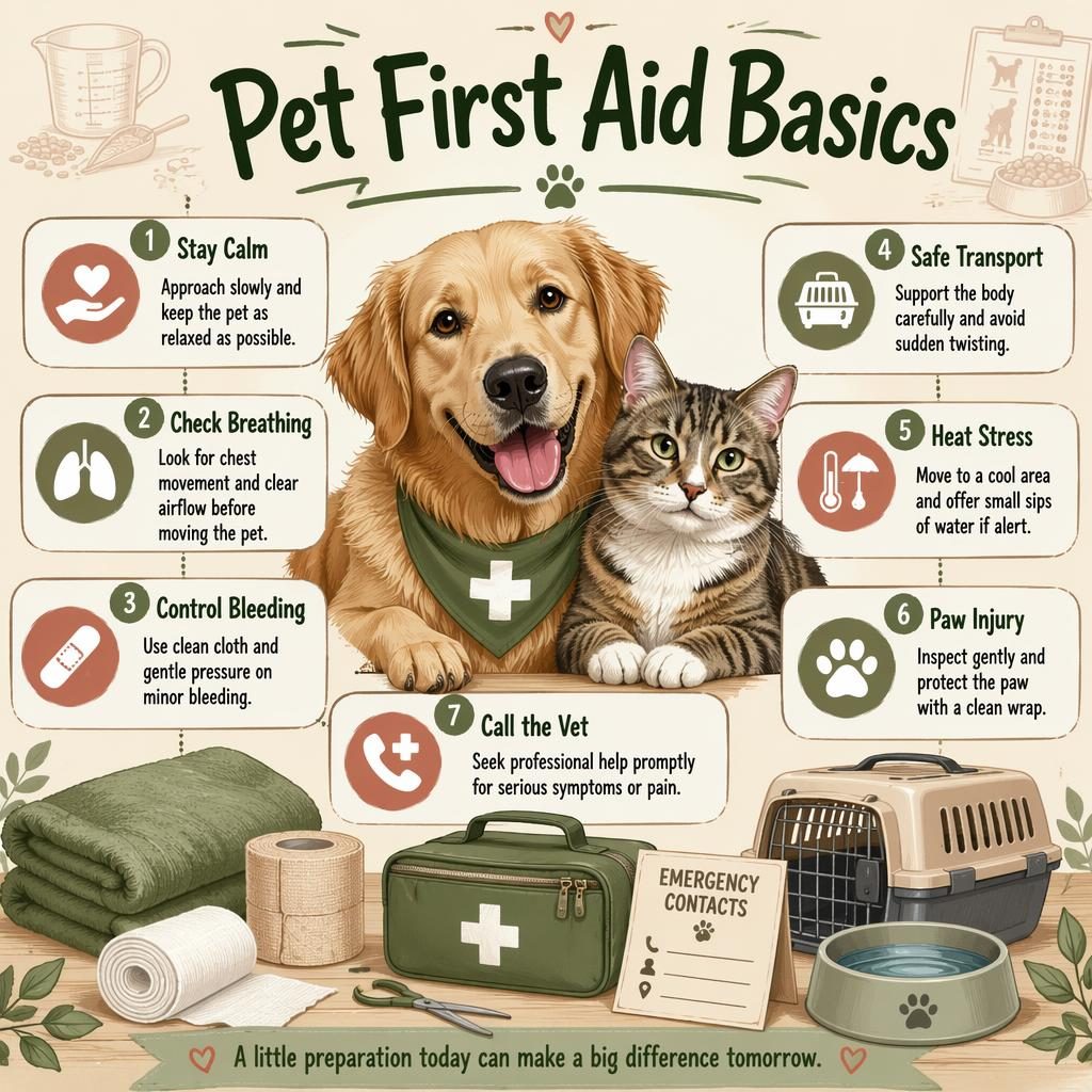 Sketchnote pet first aid infographic with friendly dog and cat, 7 care callouts, muted earth tones, and kit items.