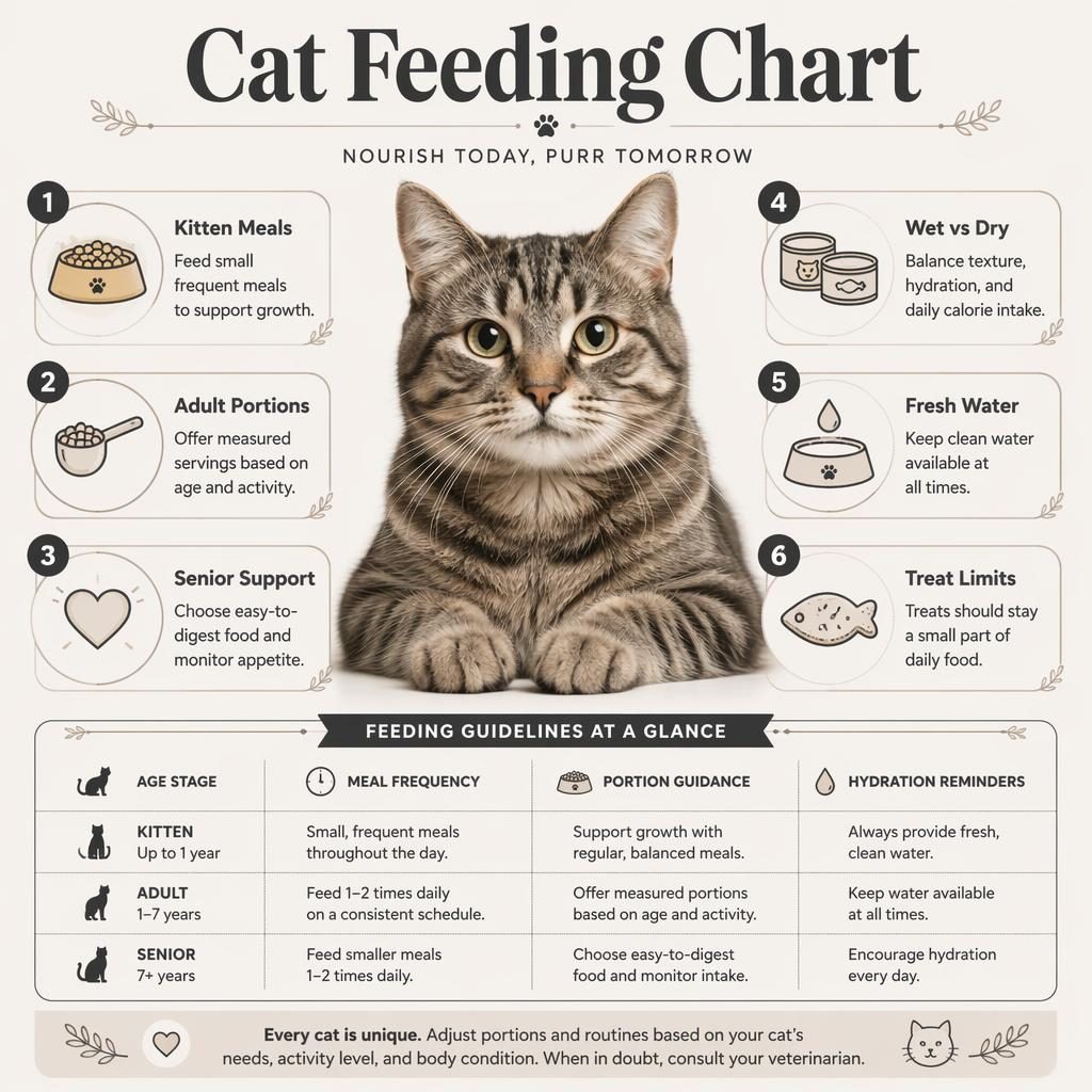 Monochrome pet nutrition infographic with a centered domestic cat, six feeding callouts, icons, and a simple chart panel.