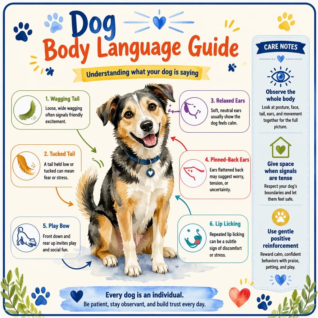 Watercolor infographic card with a centered mixed-breed dog, 6 body language callouts, icons, arrows, and care notes sidebar.